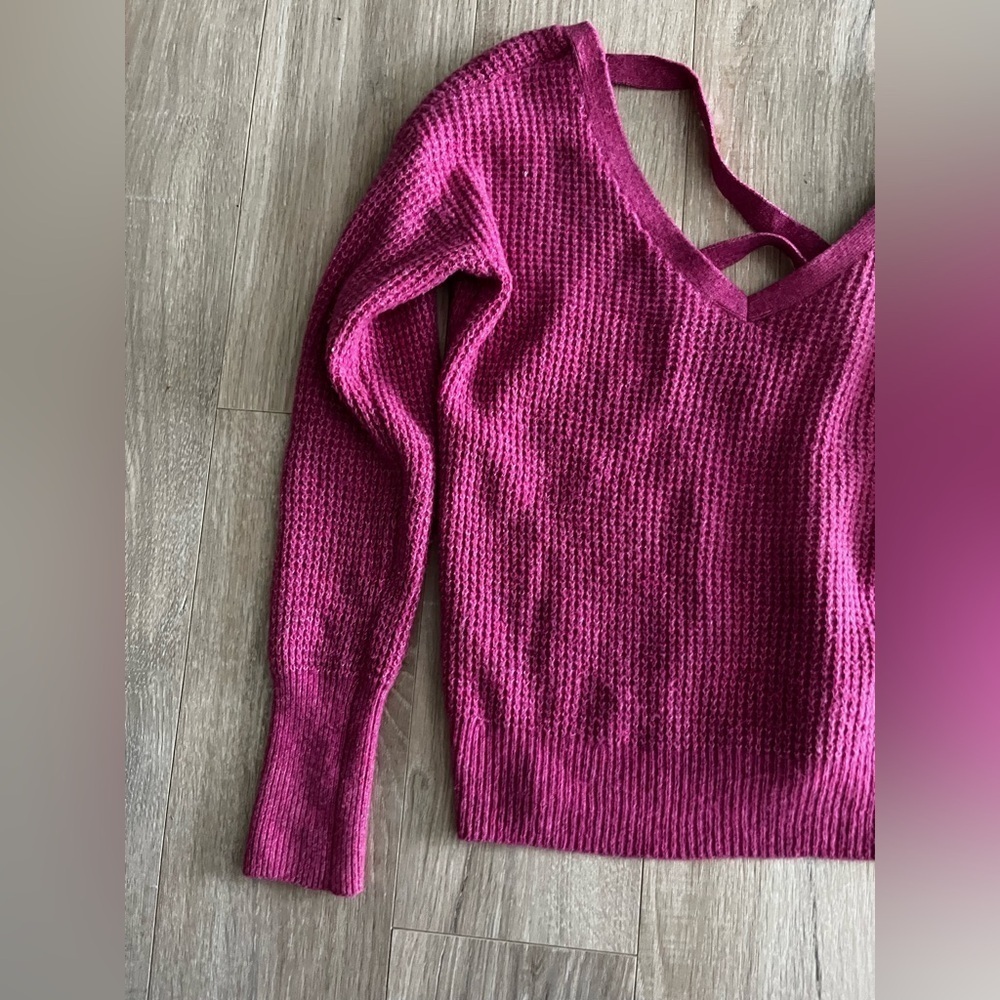 Anthropologie Maeve Cross Back Waffle Knit Sweater Fascia Pink Wool Blend XS - Picture 6 of 10